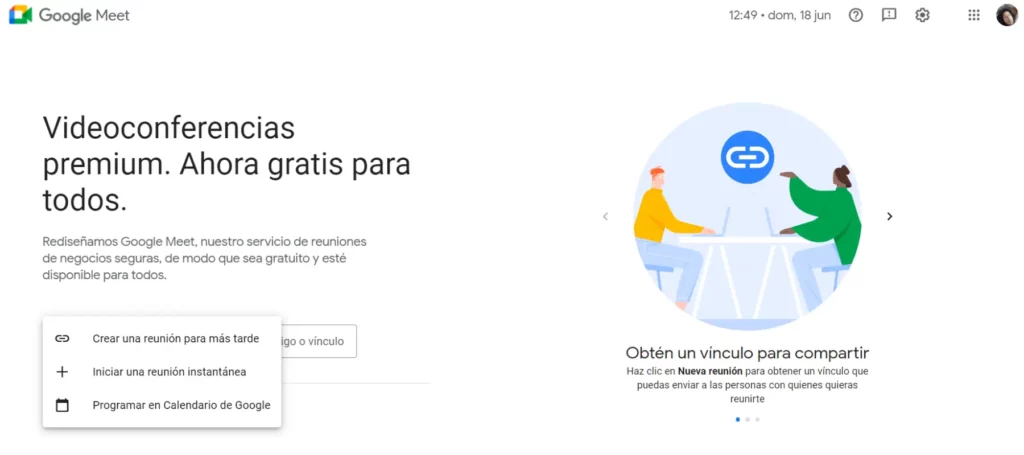 Agendar reuniones en Meet: Página principal de Google Meet en escritorio.