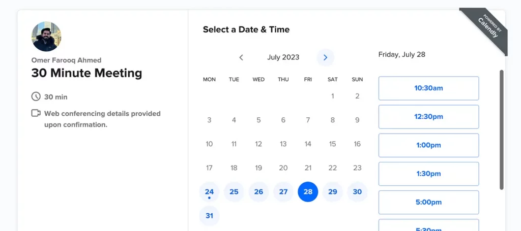 Google appointment scheduling vs Calendly: Calendly booking page.