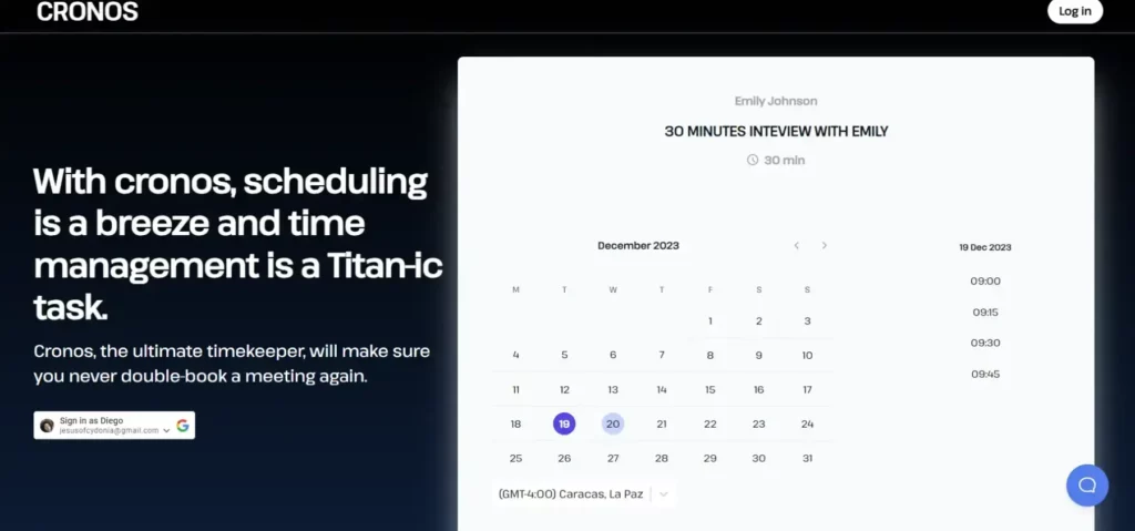 Google appointment scheduling vs Calendly: Cronos homepage.