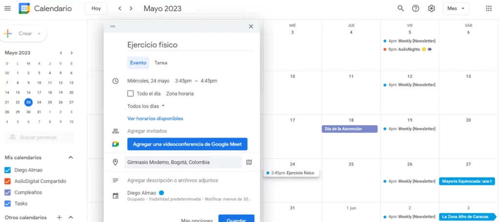 Crear eventos recurrentes en Google Calendar.
