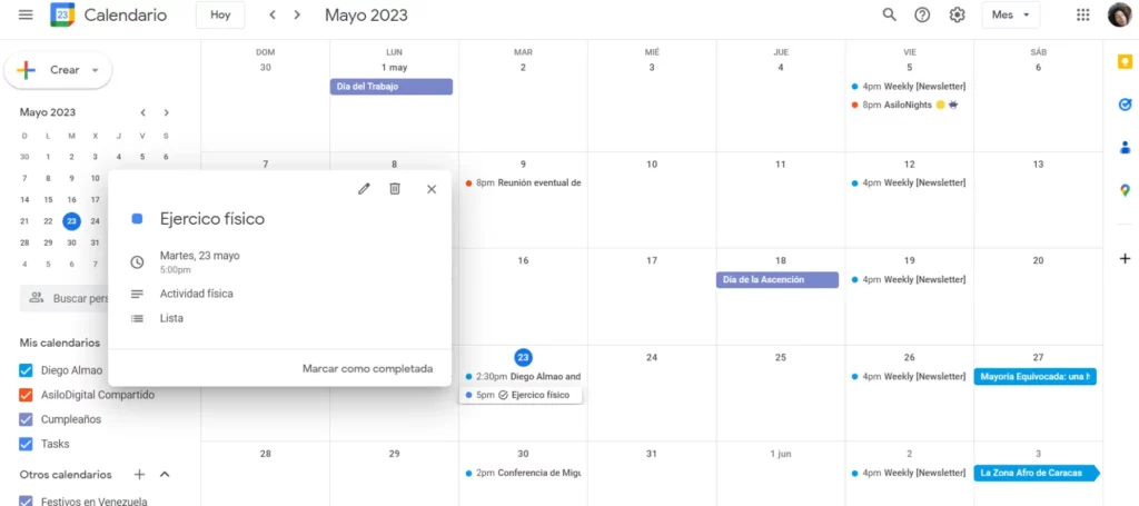 Tarea en Google Calendar.