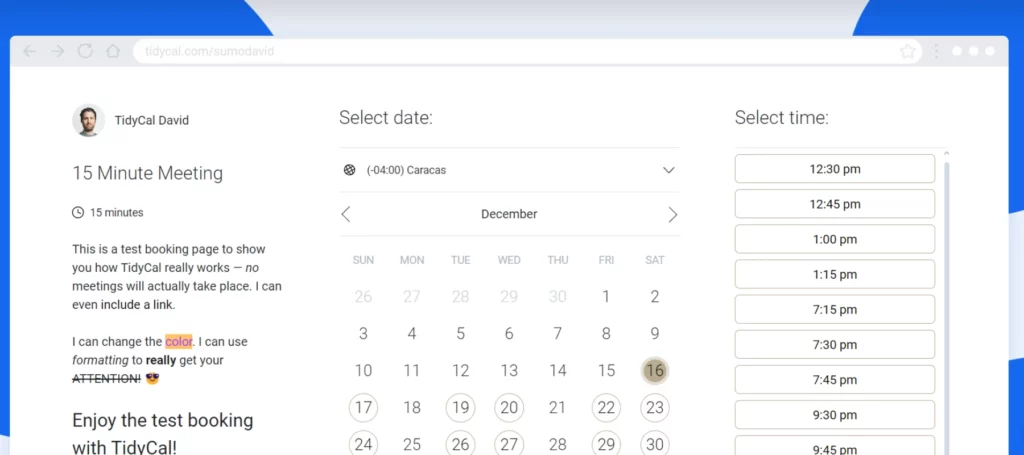 Tidycal vs calendly: Tidycal booking page.