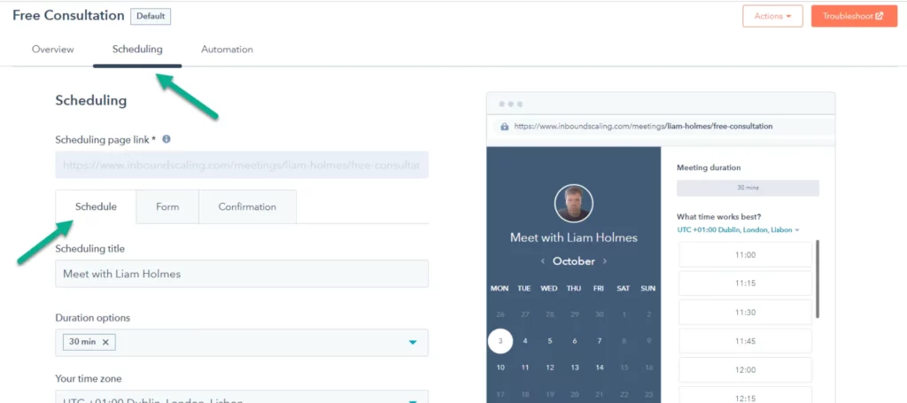 HubSpot Meetings Vs Calendly: HubSpot Meetings interface.