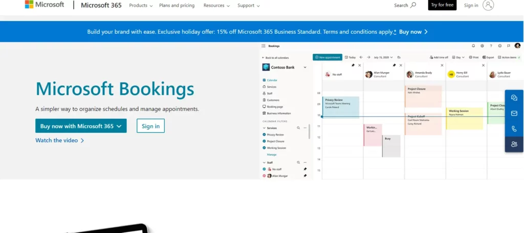 Microsoft bookings vs Calendly: Microsoft bookings homepage.