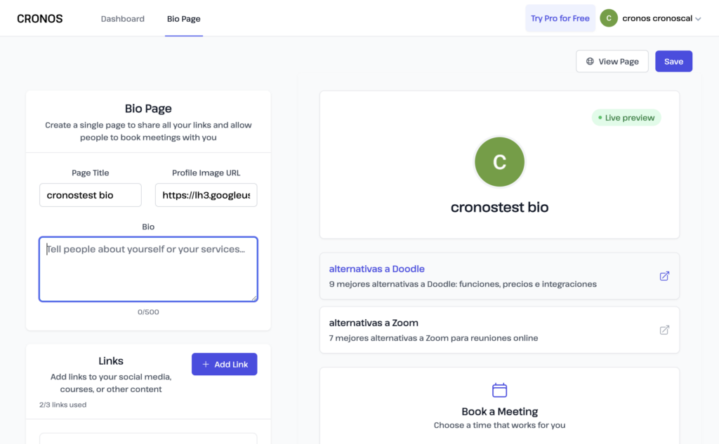 Ejemplo de creación de página de bio en CronosCal con enlaces a contenido, redes y calendario